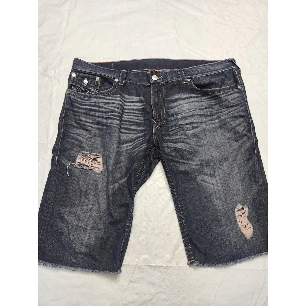 True Religion Denim Shorts Mens 44 Blue Cut Off Straight Flap Distressed Bermuda